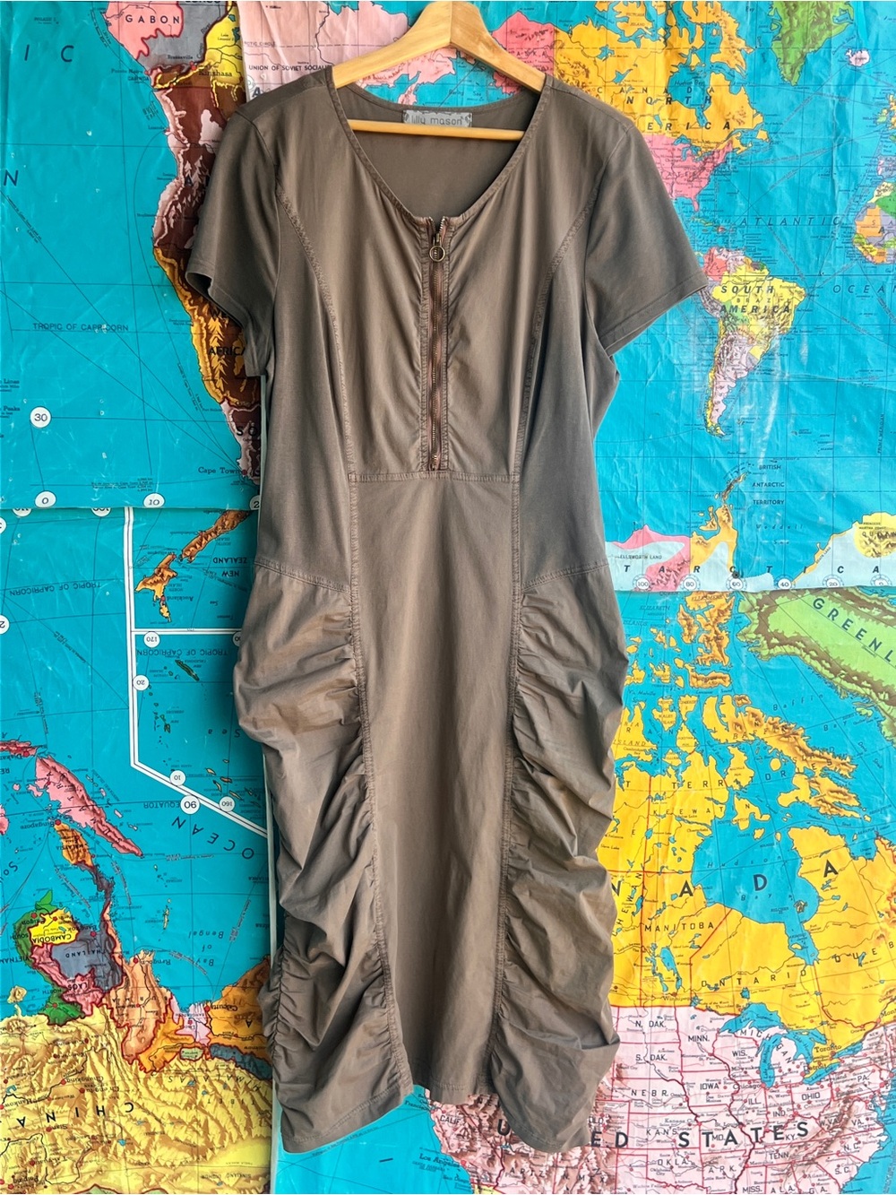 Ruched Olive Cotton Blend Midi Dress with Front Zip
